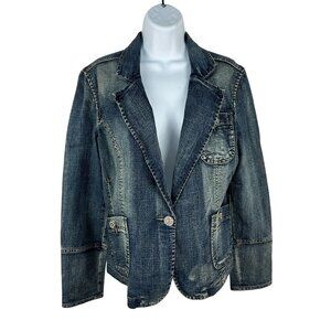 Baccini Womens Denim Blazer Jacket Size L 80% Cotton 18% Polyester 2% Spandex